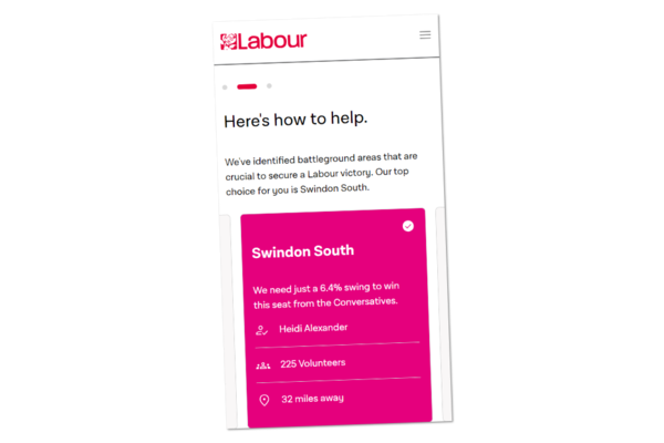 Screenshot of the Labour Party website instructing people to campaign in Swindon South.