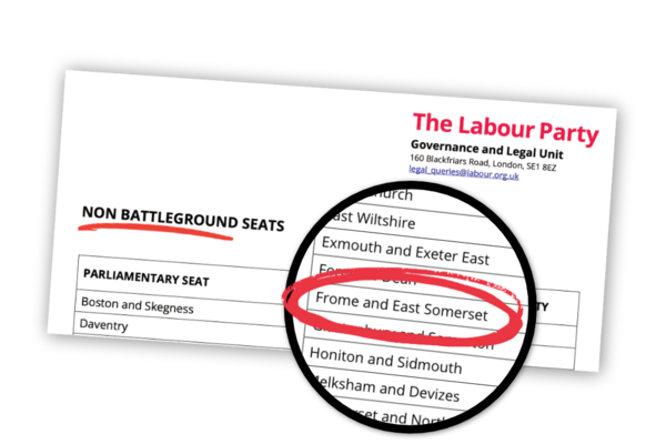 A document from Labour Party HQ showing 'non battleground seats'. Frome & East Somerset is on the list.